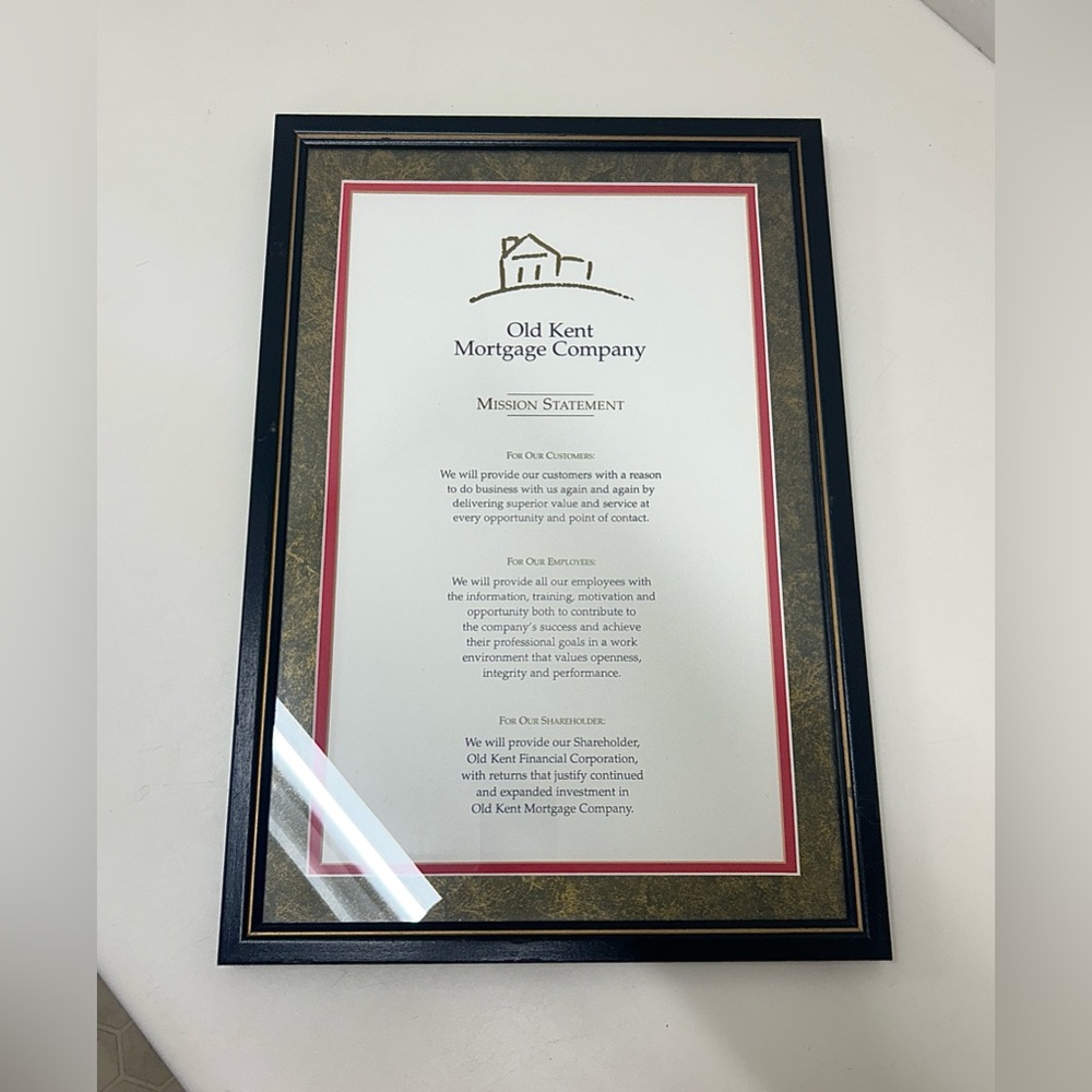 1990s Vintage Old Kent Bank Mortgage Mounted Framed Mission Statement